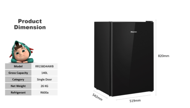 HISENSE 140 L 1 DOOR FRIDGE RR158D4AWB Ngie Ann Trading Sdn Bhd 199701014807 430304 P